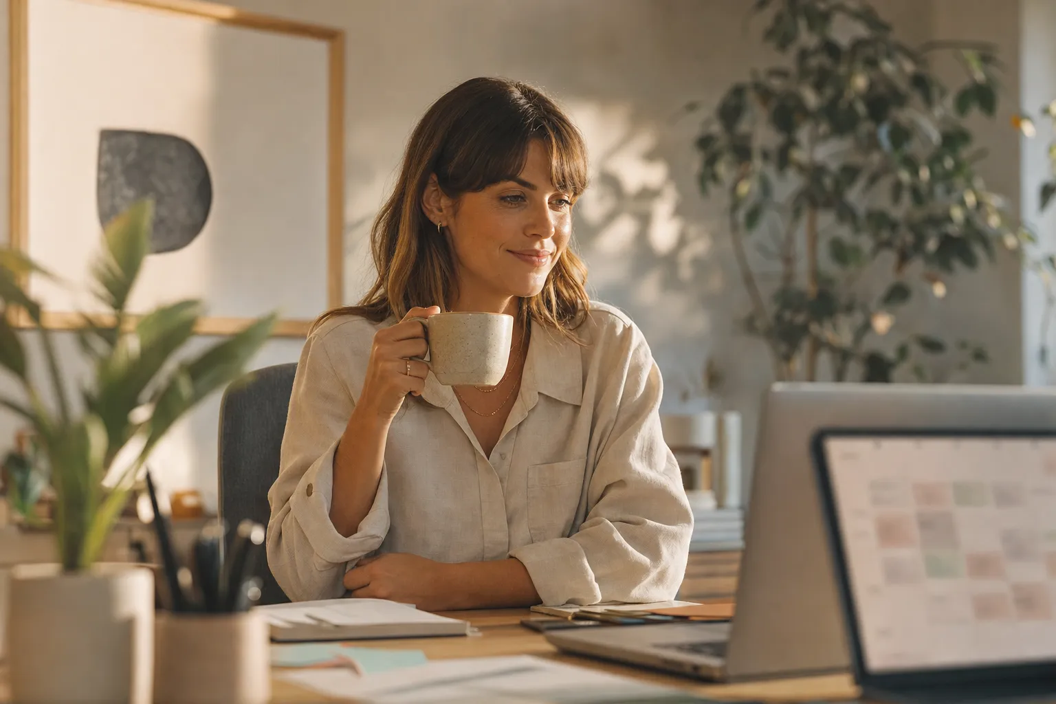 Account manager calmly reviewing a full content calendar over a morning coffee