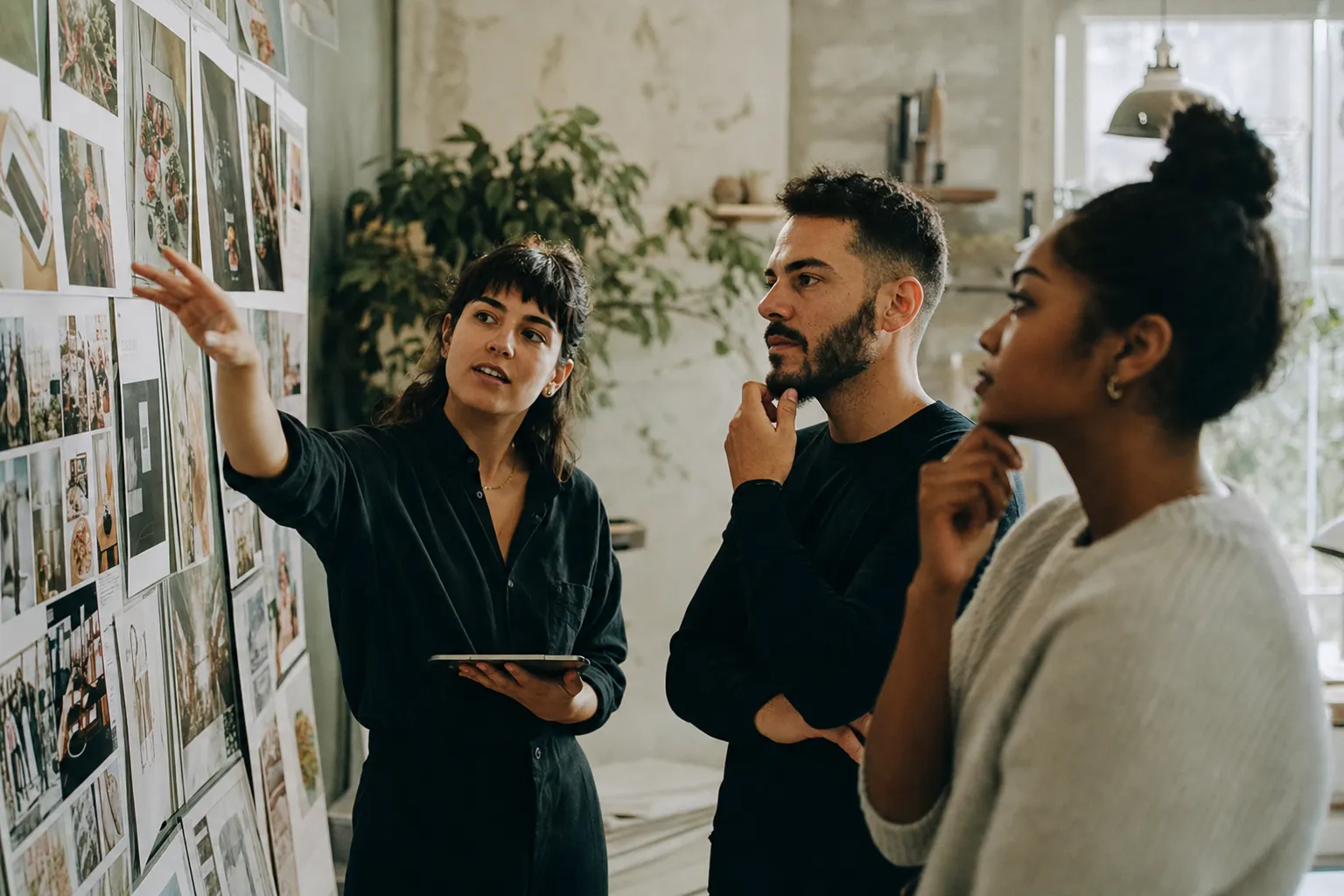 Agency content team reviewing a wall of social post mockups for several client brands