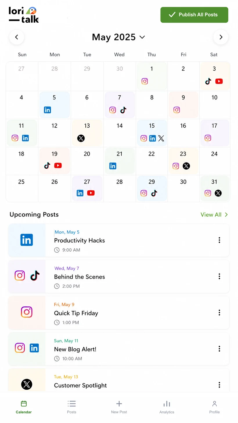 Lori-Talk content calendar with posts scheduled across Instagram, LinkedIn, TikTok, X and YouTube