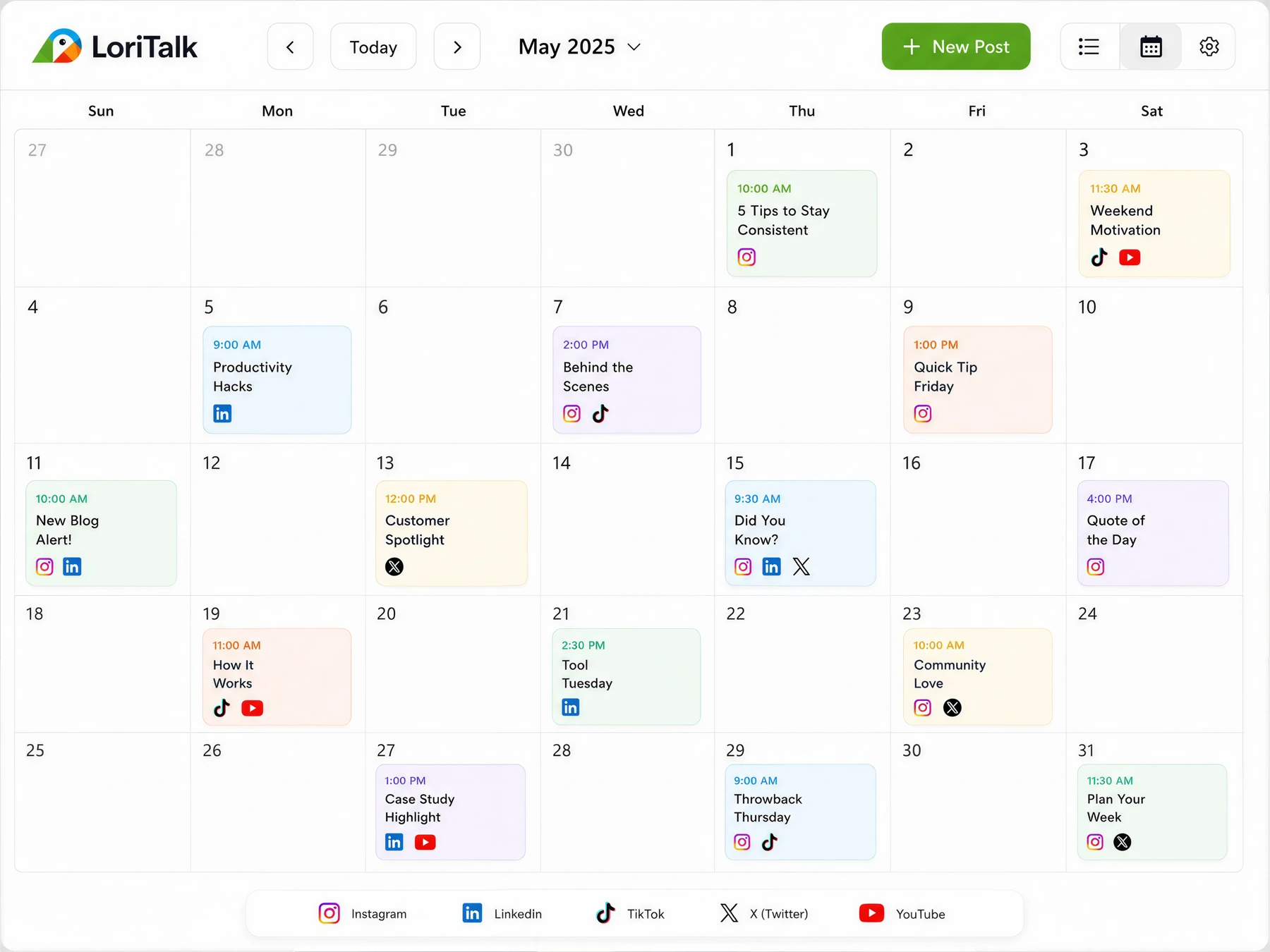 Lori-Talk content calendar with posts scheduled across Instagram, LinkedIn, TikTok, X and YouTube