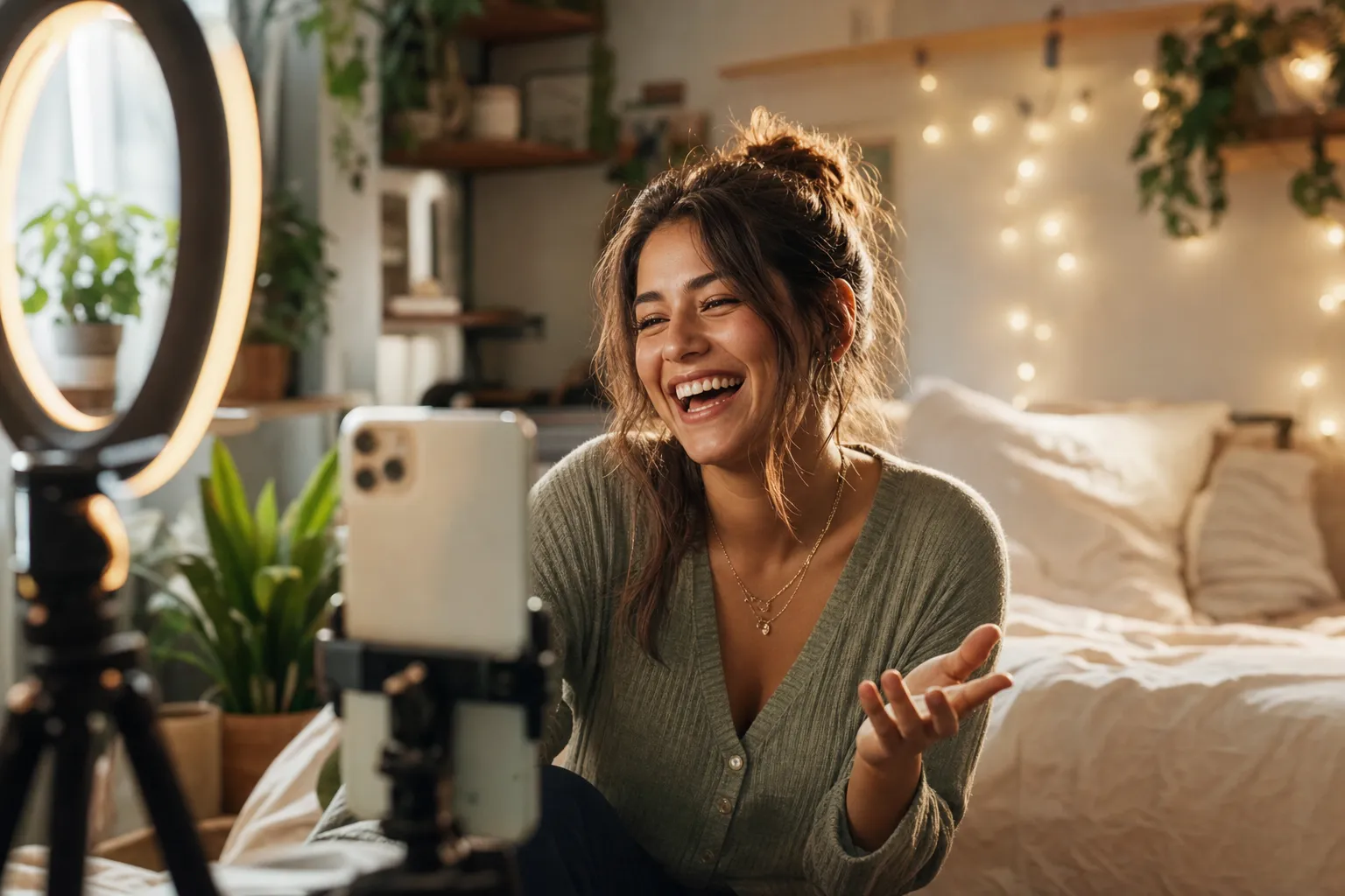 Creator laughing while filming a video with a ring light at golden hour