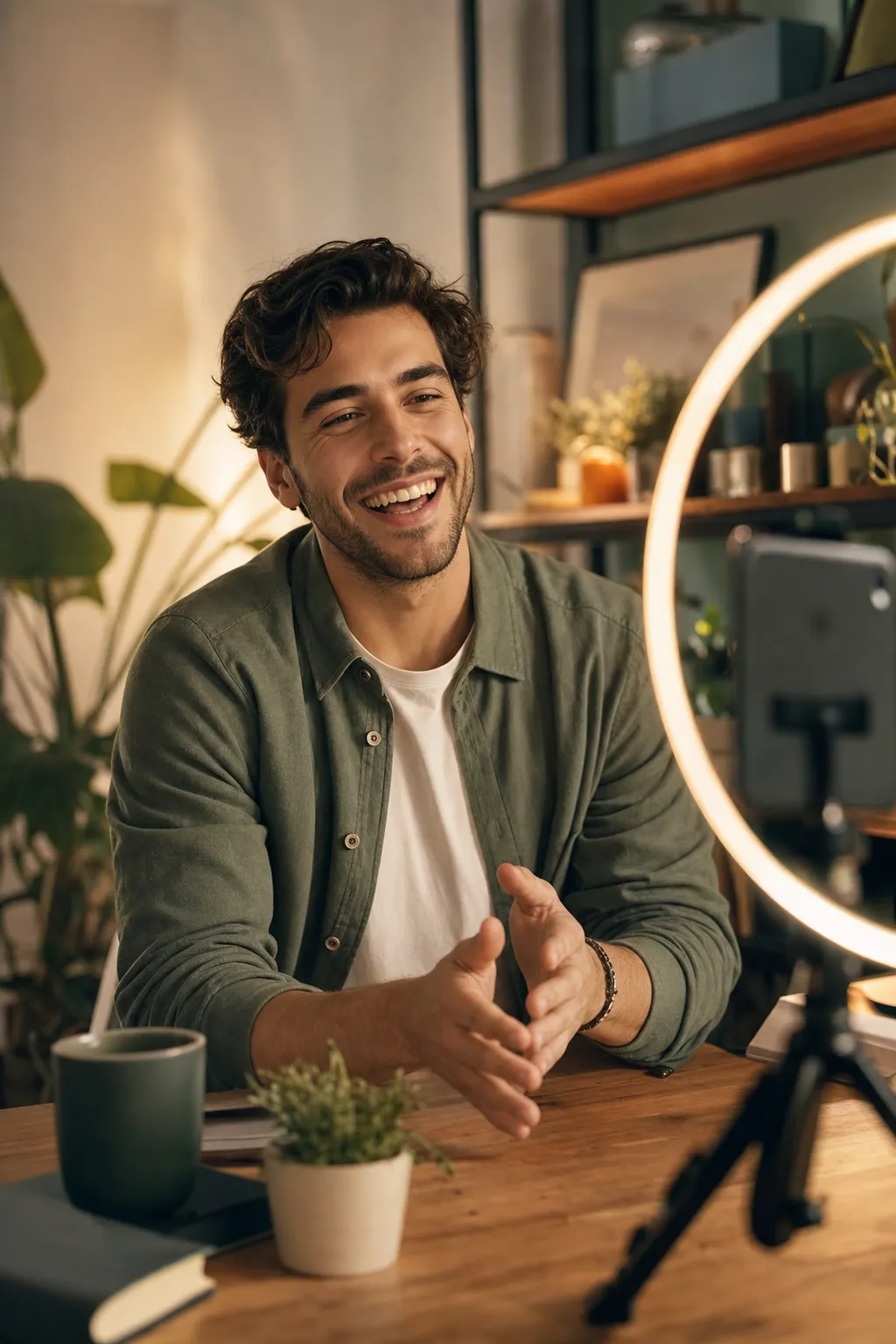 Creator recording a video with a phone on a ring light