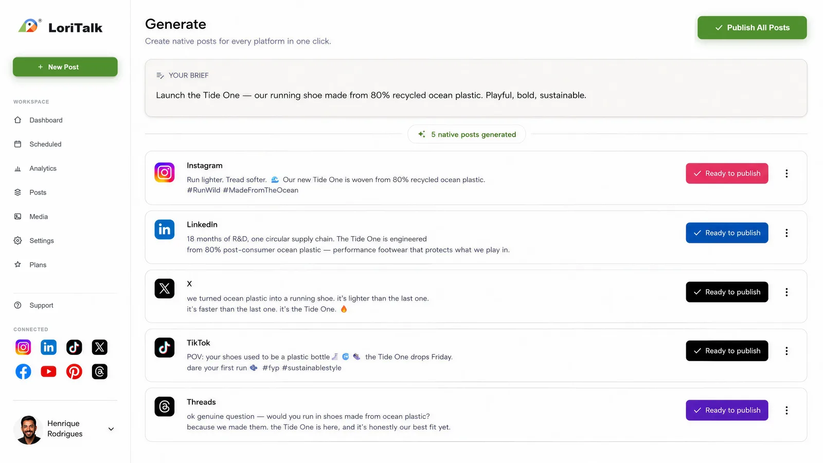 Lori-Talk Generate — one brief turned into native posts for Instagram, LinkedIn, X, TikTok and Threads